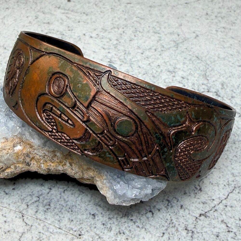 First Nations Copper Carved Cuff Potlatch Eagle Raven Bird Vintage Antique Art